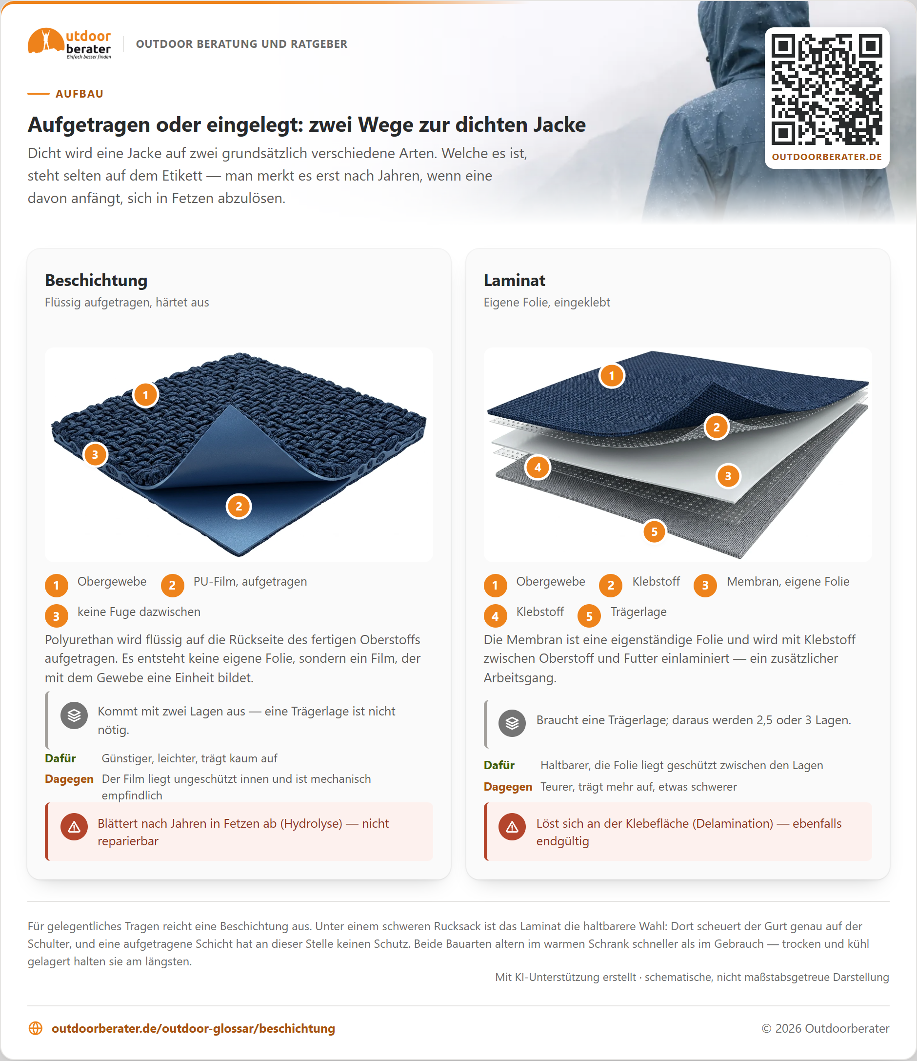 Zwei Schnitte nebeneinander. Links die Beschichtung: Oberstoff und aufgetragener PU-Film stehen in einer gestrichelten Klammer, weil sie eine Einheit bilden. Rechts das Laminat: Oberstoff, Klebstoff, Membran als eigene Folie, Klebstoff und Trägerlage als getrennte Schichten. Zu beiden steht, wofür sie taugen und woran sie sterben.