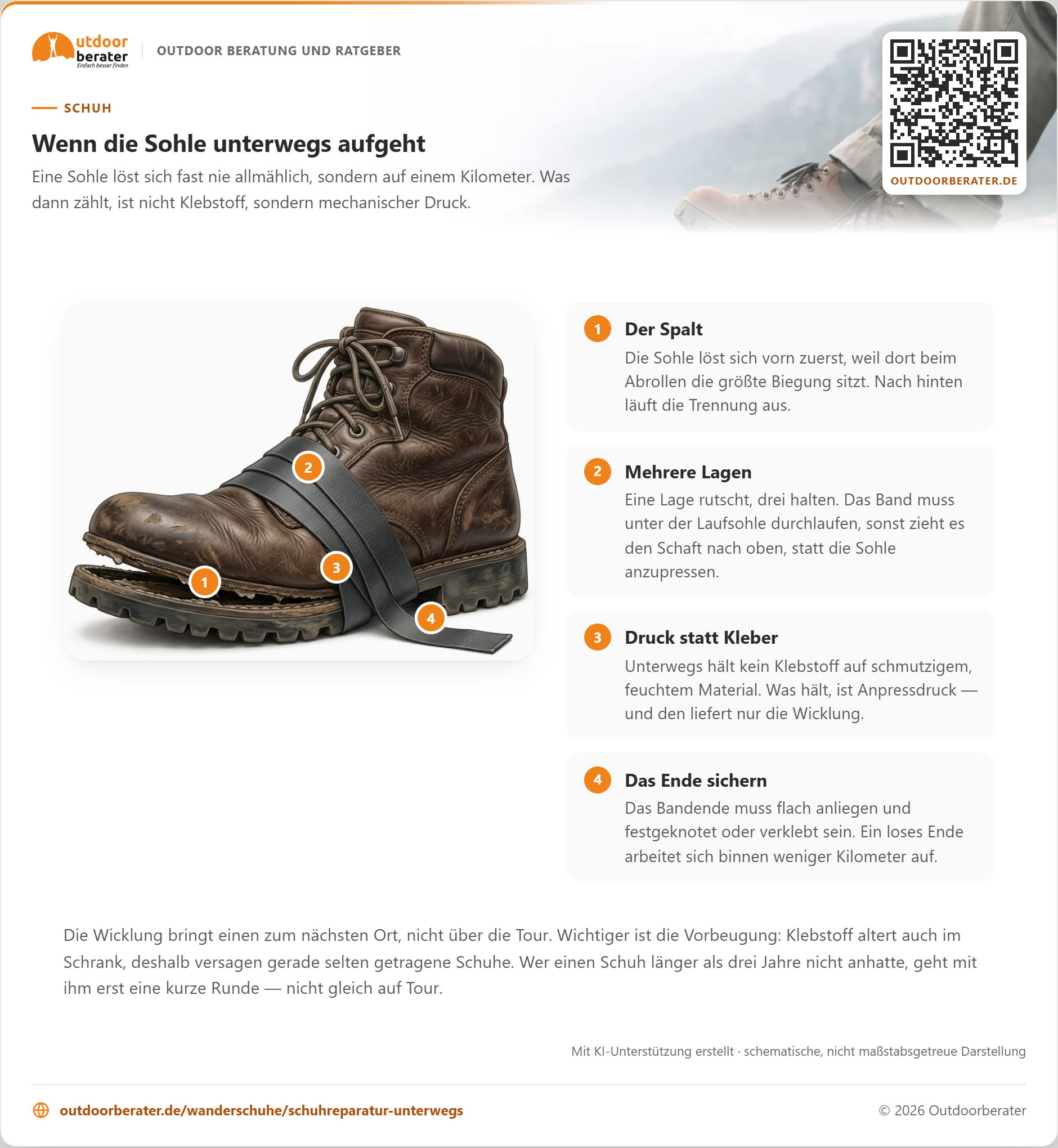 Zum Vergrößern klicken Ein getragener Lederwanderschuh, dessen Laufsohle sich im vorderen Drittel vom Schaft gelöst hat; ein kräftiges Gewebeband ist mehrfach stramm um den Schuh gewickelt und presst die Sohle an.