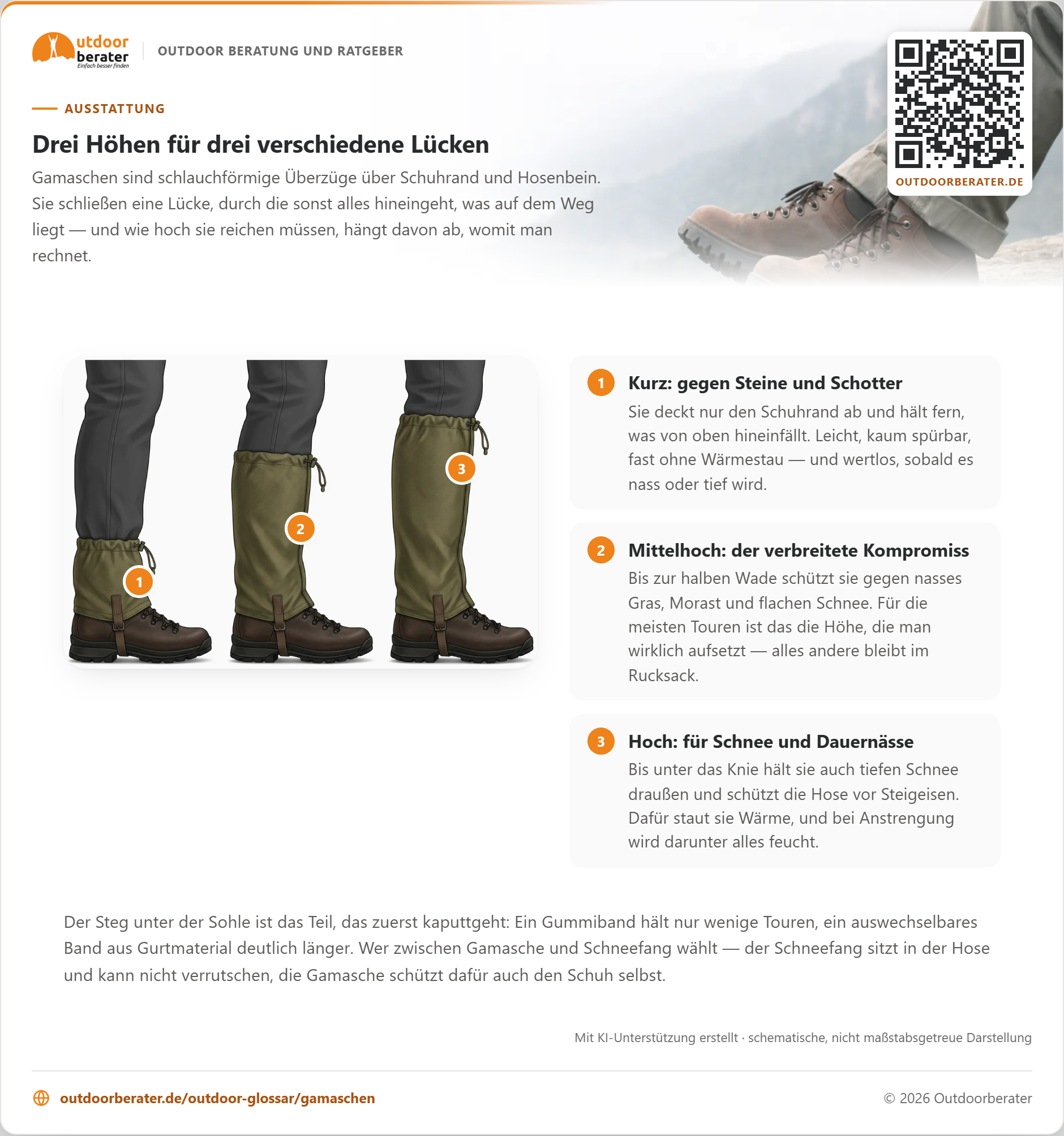 Drei Unterschenkel mit Wanderschuh nebeneinander, jeder mit einer Gamasche in anderer Höhe: kurz knapp über dem Schuhrand, mittelhoch bis zur halben Wade, hoch bis unter das Knie.