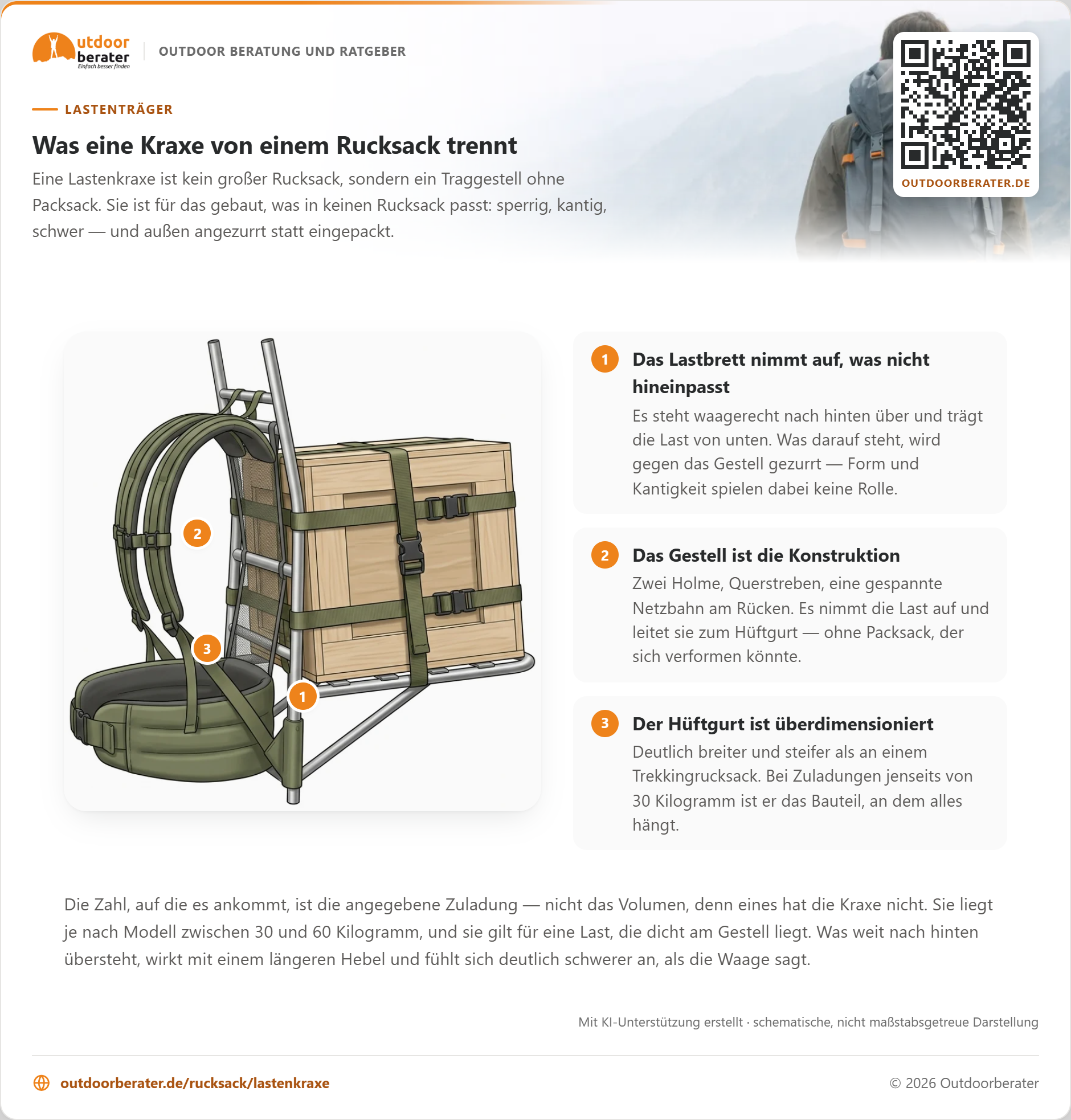 Zum Vergrößern klicken Lastenkraxe von der Seite: ein leiterartiges Alu-Gestell ohne Packsack mit gespannter Rückennetzbahn, unten ein ausladendes Lastbrett mit einer festgezurrten Holzkiste, dazu ein sehr breiter Hüftgurt.