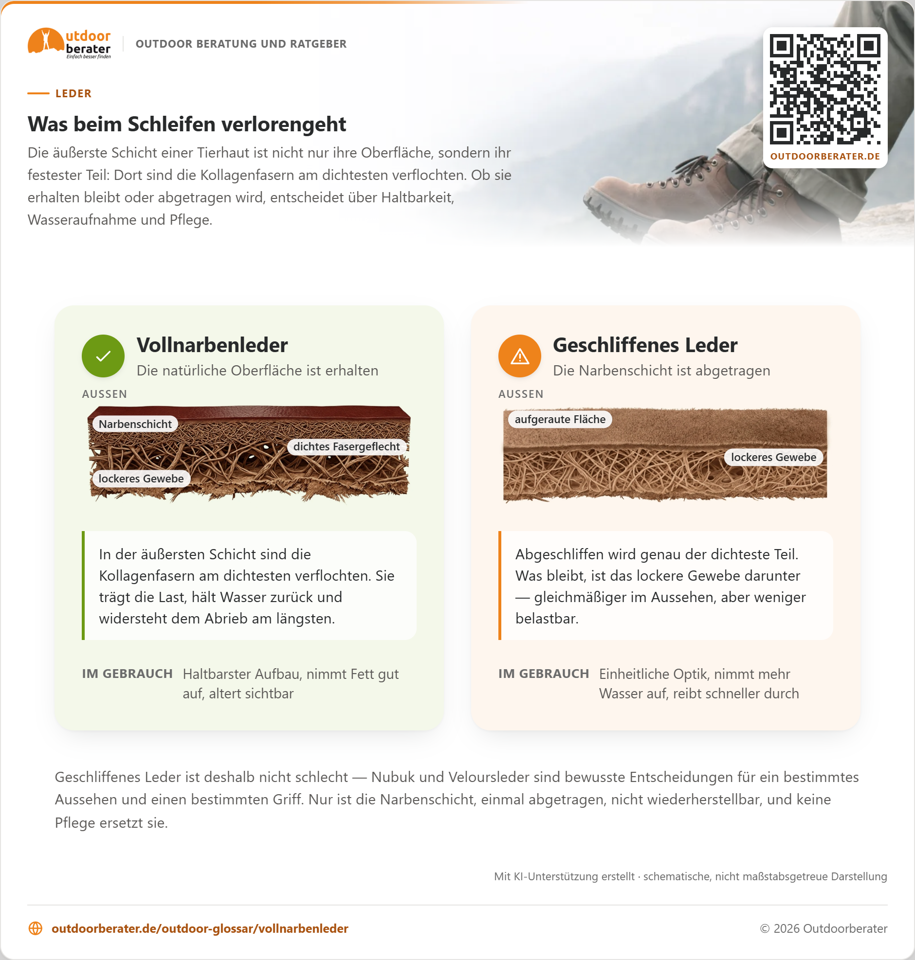 Zwei Lederquerschnitte: Links ist die geschlossene Narbenschicht erhalten und darunter liegt ein sehr dichtes Fasergeflecht. Rechts ist sie abgeschliffen, die Oberfläche ist samtig aufgeraut und das Gewebe darunter deutlich lockerer.