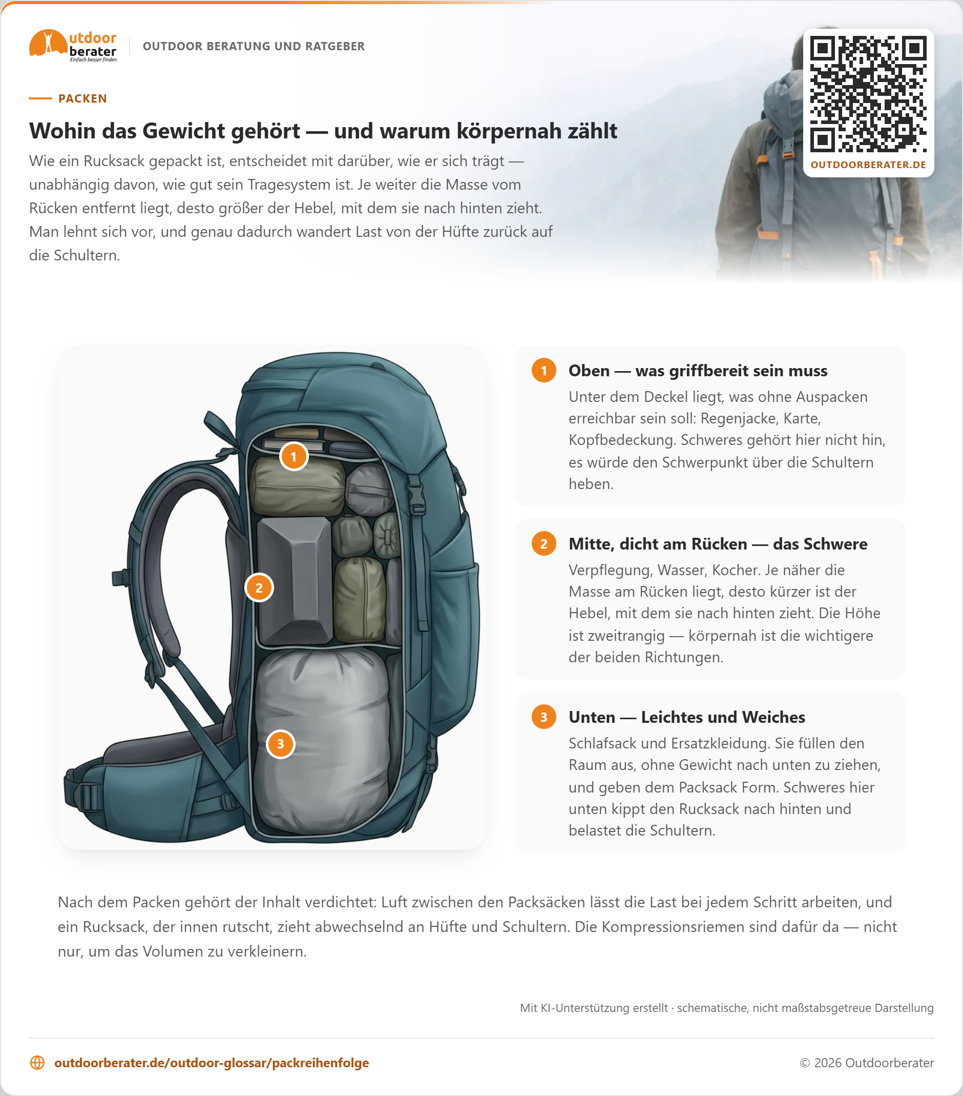 Zum Vergrößern klicken Trekkingrucksack im Längsschnitt mit drei markierten Zonen: unten Leichtes und Weiches, in der Mitte dicht am Rücken das Schwere, oben unter dem Deckel, was griffbereit sein muss.
