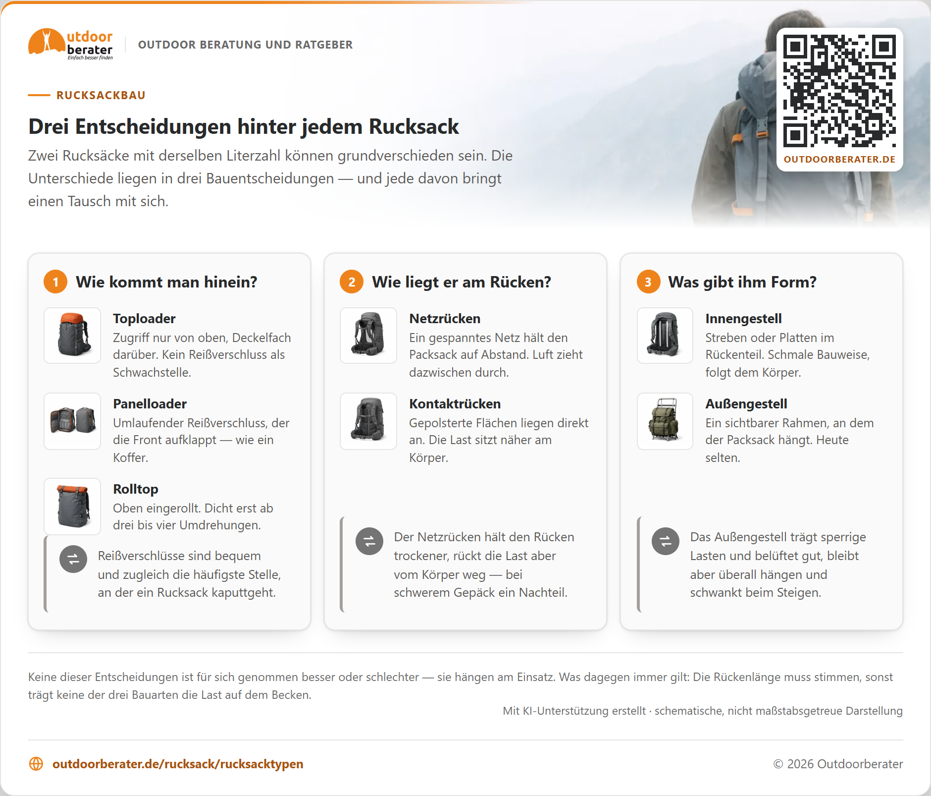 Drei Bauentscheidungen am Rucksack, je mit Skizzen: der Zugang als Toploader, Panelloader oder Rolltop; das Rückensystem als Netzrücken mit Luftspalt oder Kontaktrücken; und das Gestell innen liegend oder außen. Zu jeder Entscheidung steht, welchen Tausch sie bedeutet.