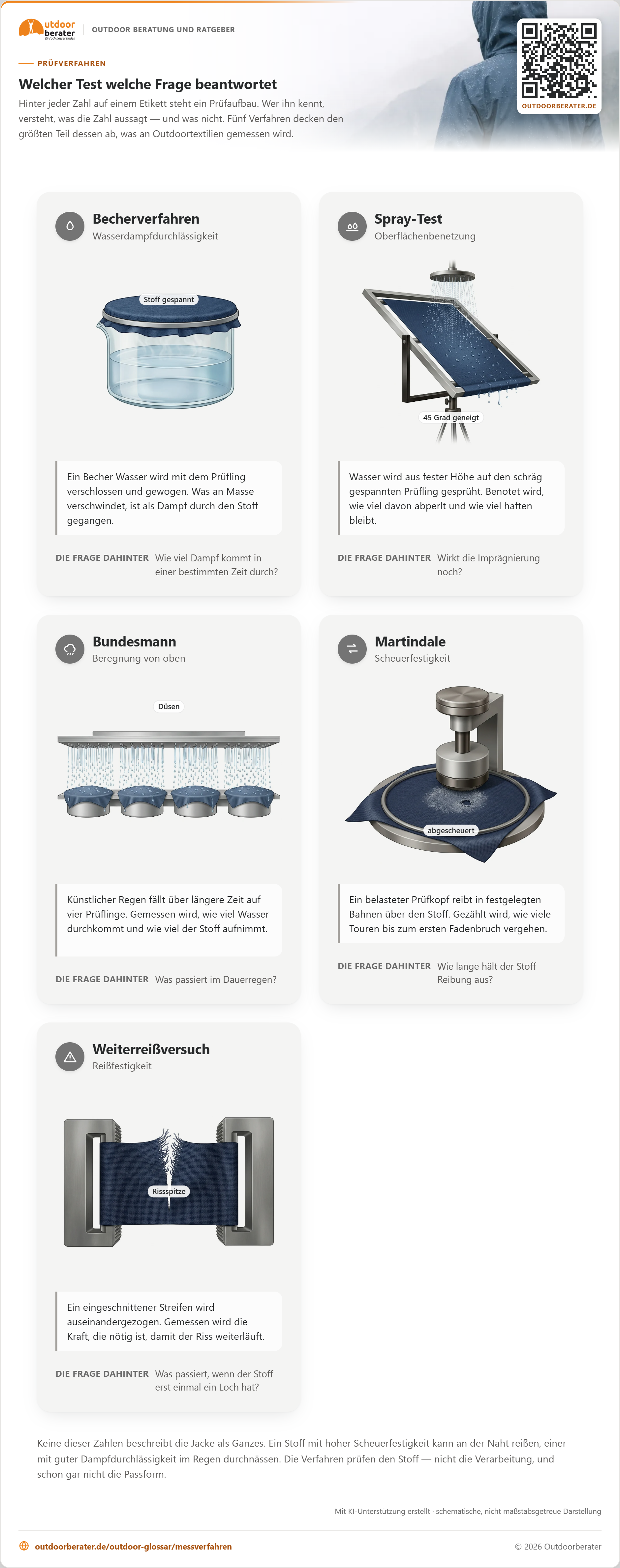 Fünf Prüfaufbauten nebeneinander: das Becherverfahren für die Dampfdurchlässigkeit, der Spray-Test mit schräg eingespanntem Prüfling, die Bundesmann-Beregnung, der Martindale-Scheuertest und der Reißversuch mit eingespanntem Streifen. Zu jedem steht, welche Frage er beantwortet.