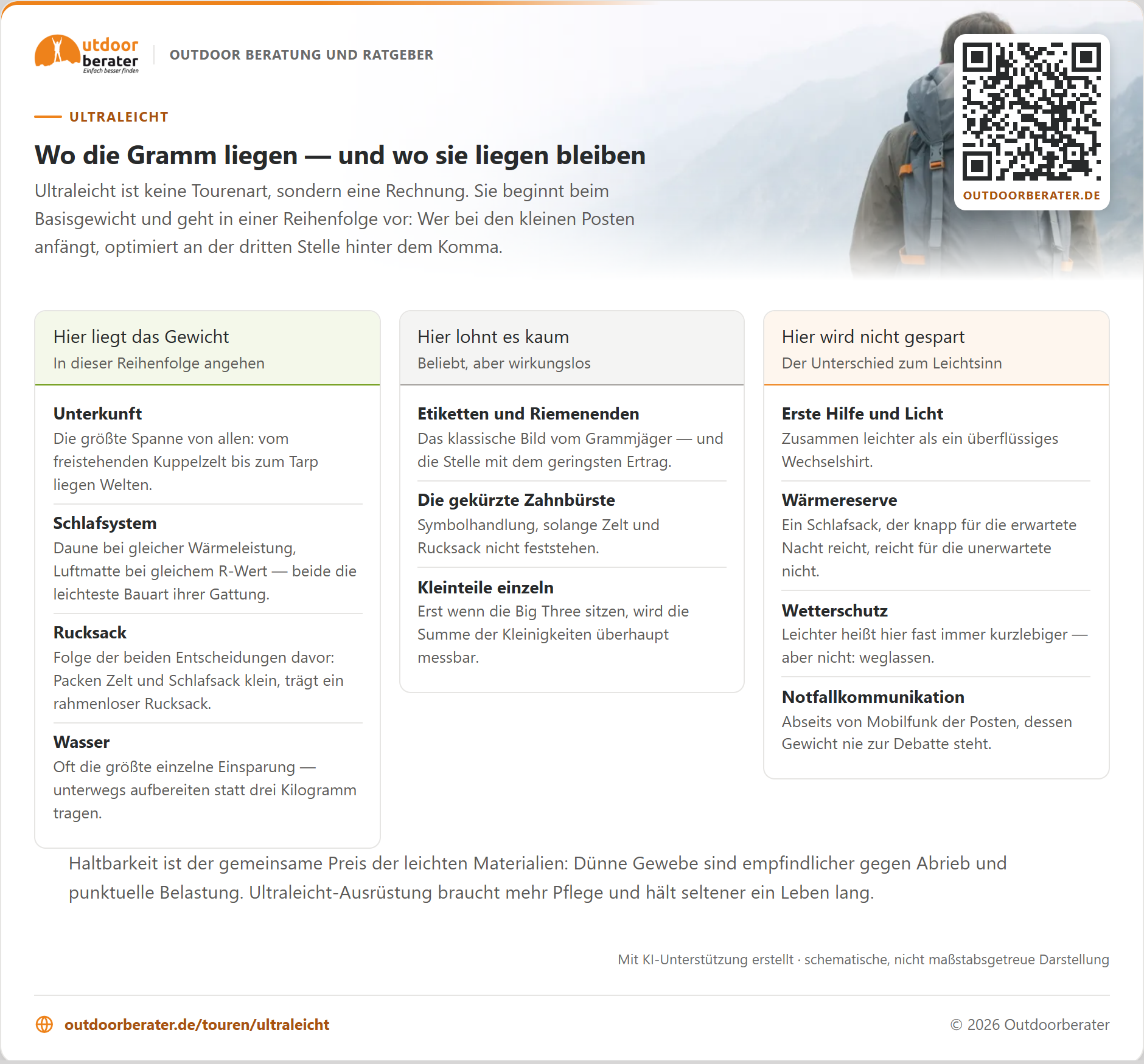 Drei Spalten: links, wo das Gewicht tatsächlich liegt — Unterkunft, Schlafsystem, Rucksack und Wasser, in der Reihenfolge, in der sie angegangen werden. In der Mitte die beliebten, aber wirkungslosen Einsparungen von abgeschnittenen Etiketten bis zur gekürzten Zahnbürste. Rechts die vier Posten, bei denen nicht gespart wird: Erste Hilfe und Licht, Wärmereserve, Wetterschutz, Notfallkommunikation.