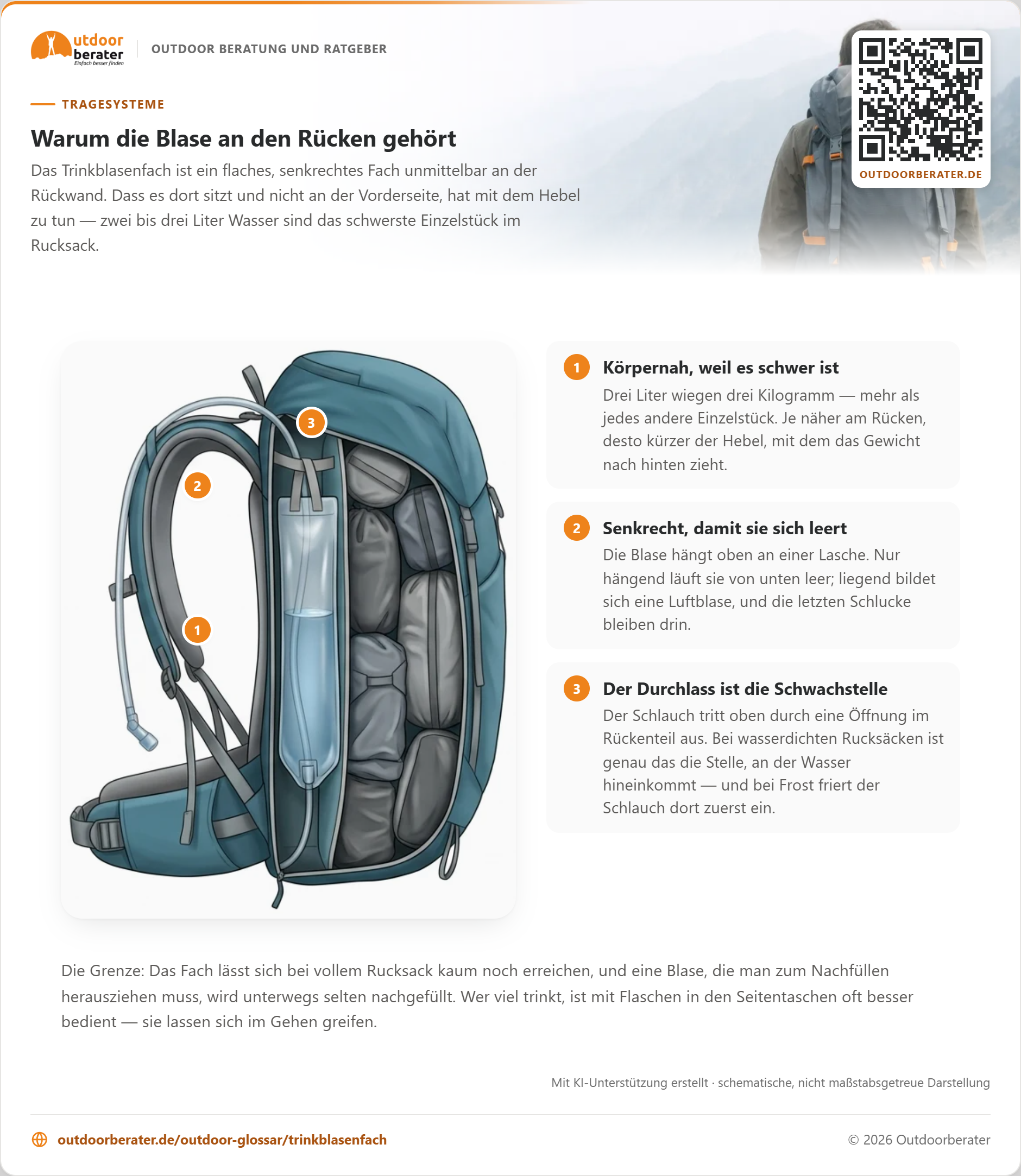 Trekkingrucksack im Längsschnitt mit dem Tragesystem links: Zwischen Rückwand und Hauptfach hängt in einem flachen senkrechten Fach eine durchsichtige Trinkblase, von der ein Schlauch nach oben durch einen Durchlass führt.