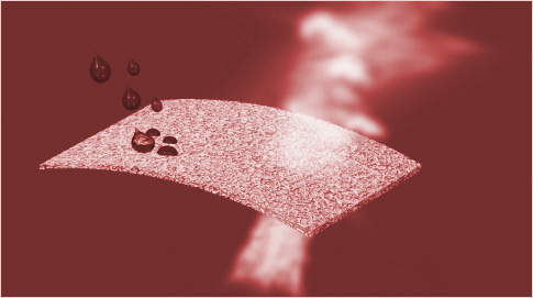 Schemabild zur Atmungsaktivität: Wassertropfen liegen auf einem Stück Funktionsgewebe, Wasserdampf zieht von unten hindurch nach oben ab