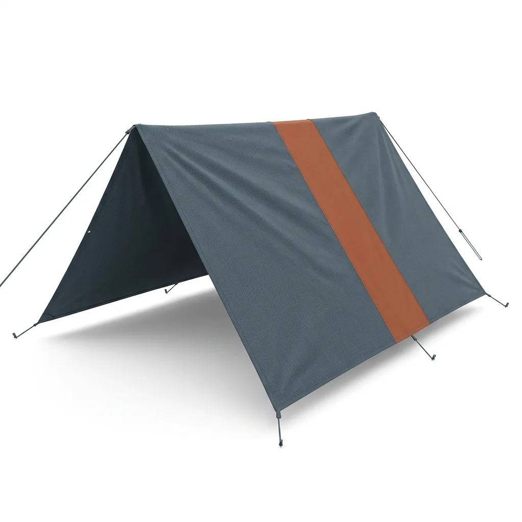 Ein Tarp als Satteldach über eine Firstleine gespannt, die Ecken mit straffen Leinen abgespannt; kein Gestänge, kein Boden, keine Tür