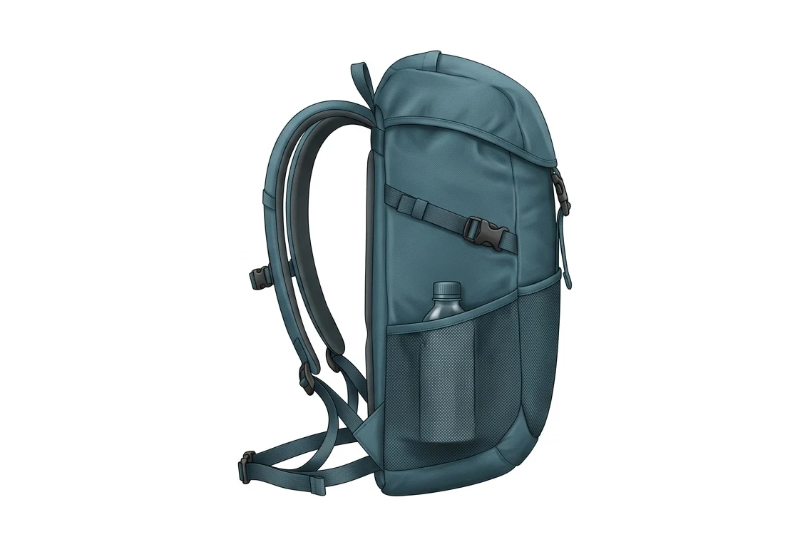 Kleiner Tagesrucksack von der Seite: schmale gepolsterte Schultergurte, an der Hüfte nur ein ungepolstertes Gurtband, die Rückenwand ohne Rahmenstreben.