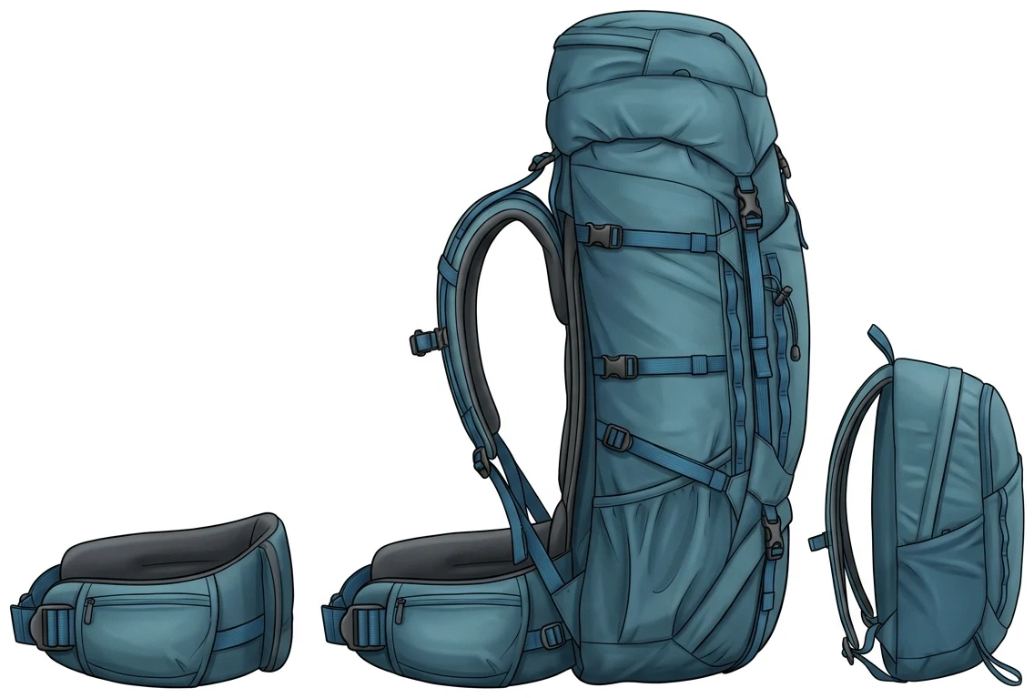 Großer Trekkingrucksack von der Seite: breiter gepolsterter Hüftgurt mit großer Schnalle, in der Rückenwand zeichnen sich zwei senkrechte Rahmenstreben ab.