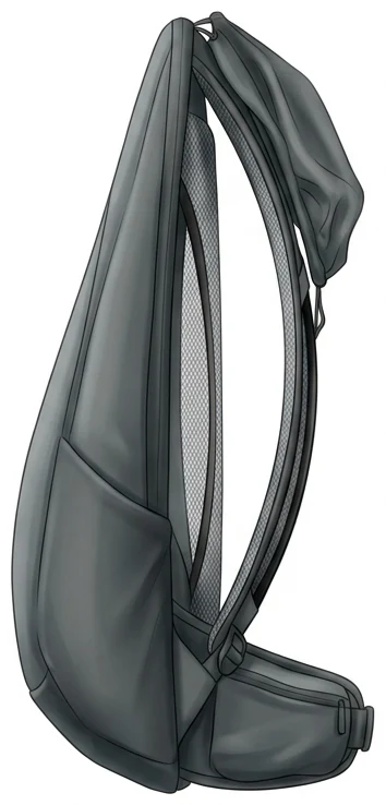 Fahrradrucksack von der Seite: eine flache, nach oben schmal zulaufende Form, an der Rückenwand ein gespanntes Netz auf gebogenem Rahmen mit sichtbarem Hohlraum, unten eine kleine Tasche, oben ein heruntergeklapptes Helmnetz.