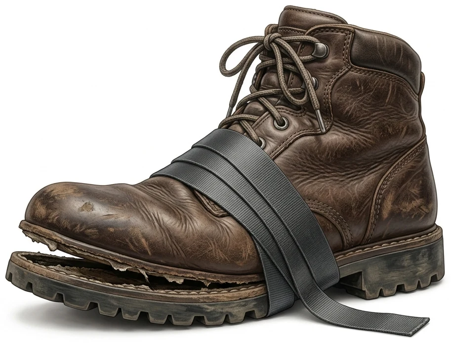 Ein getragener Lederwanderschuh, dessen Laufsohle sich im vorderen Drittel vom Schaft gelöst hat; ein kräftiges Gewebeband ist mehrfach stramm um den Schuh gewickelt und presst die Sohle an.