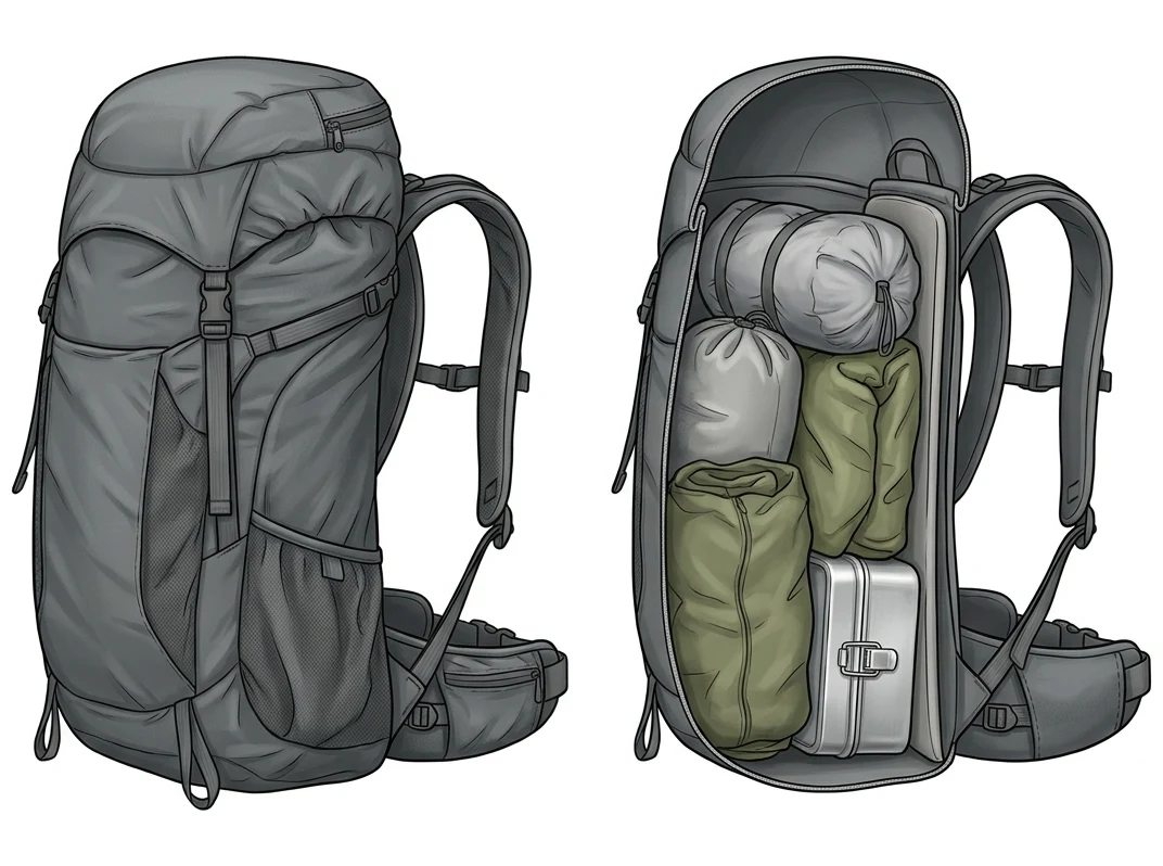 Gewöhnlicher Wanderrucksack derselben Größe im Längsschnitt: Das Innere ist ein einziger offener Raum ohne Trennwände, darin liegen Packsack, Jacke und Brotdose lose bis an die Wände.