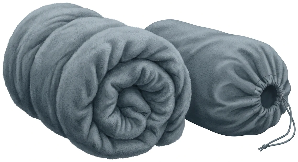 Hüttenschlafsack aus Fleece, zu einem deutlich größeren voluminösen Paket gerollt, daneben ein entsprechend großer Packbeutel; das Material ist dick und flauschig mit sichtbarem Flor.