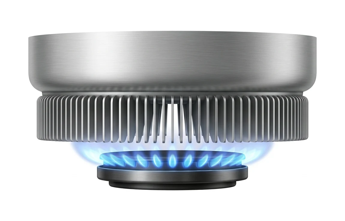 Topf mit Wärmetauscher über einer Gasflamme: Unter dem Boden hängt ein Kranz aus feinen senkrechten Metallrippen, zwischen denen die Abgase entlangstreichen.