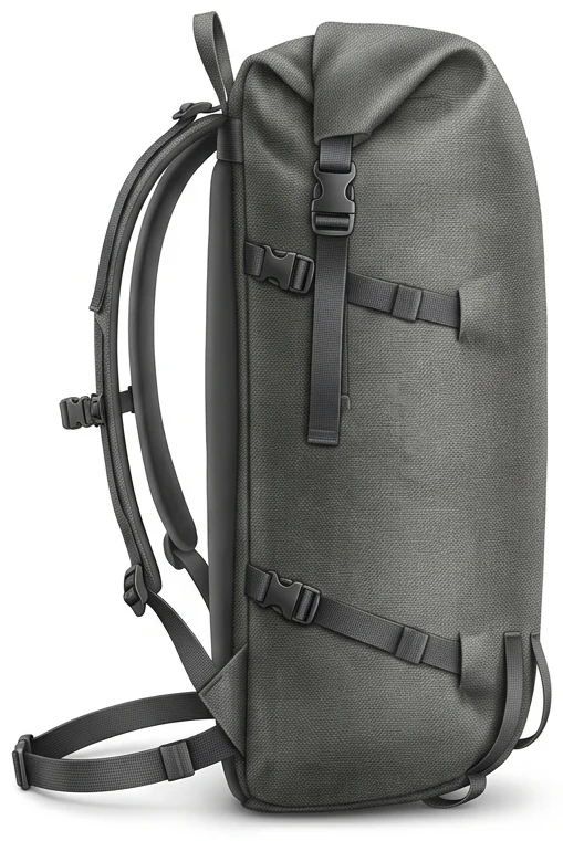 Schmaler, hoher Alpinrucksack von der Seite: glatte Außenfläche ohne Seitentaschen und ohne baumelnde Riemen, nur zwei Eispickelhalter unten, oben ein Rollverschluss, der Hüftgurt ist ein schmales Band.