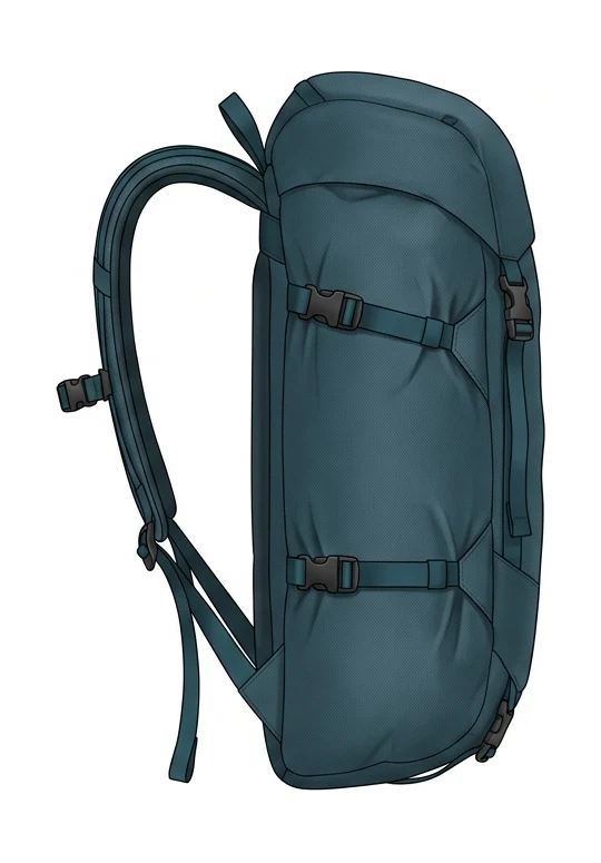 Derselbe halbvoll gepackte Rucksack mit fest angezogenen Seitenriemen: Das Gewebe schnürt sich sichtbar ein, der Packsack ist schmal und kompakt.