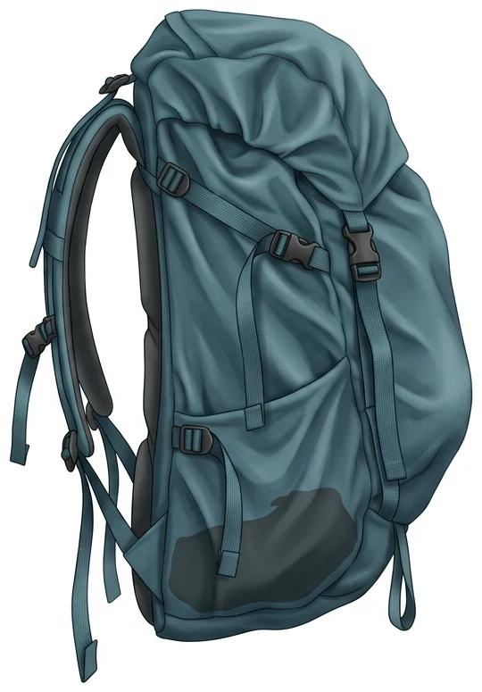 Halbvoll gepackter Trekkingrucksack mit lose hängenden Seitenriemen: Der Packsack hängt durch, die Seitenwand wölbt sich unregelmäßig nach außen.