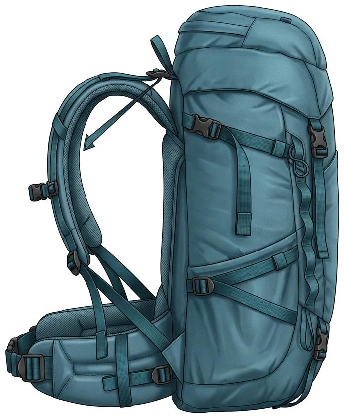 Trekkingrucksack von der Seite: Oben am Schultergurt setzt ein kurzer, straff gespannter Riemen an, der schräg nach hinten oben zum Rucksackkörper führt und mit der Schulterlinie einen spitzen Winkel bildet.