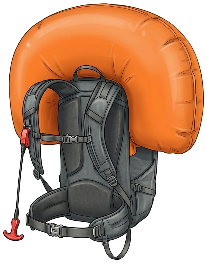 Derselbe Rucksack mit ausgelöstem Airbag: Ein großer, praller Ballon hat sich über Kopfhöhe und beidseitig über die Schultern entfaltet, der Auslösegriff hängt gezogen herab.