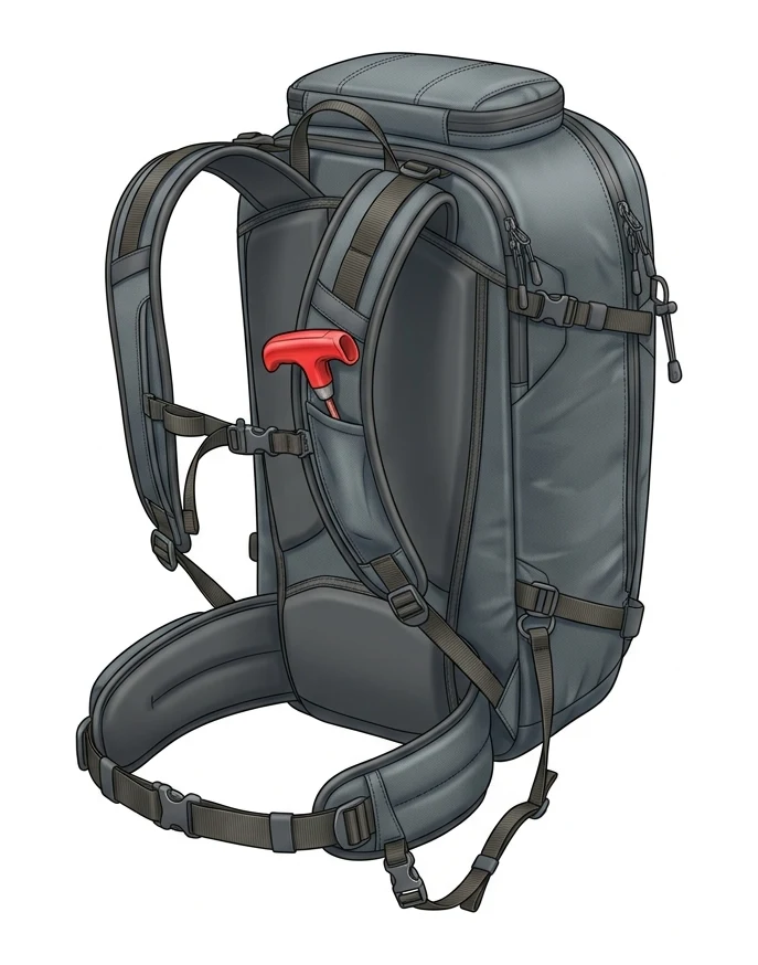 Lawinenrucksack von schräg hinten im unausgelösten Zustand: Hüftgurt, Brustgurt und Beinschlaufe sind erkennbar, an der linken Schultergurtseite sitzt der Auslösegriff in seiner Tasche.