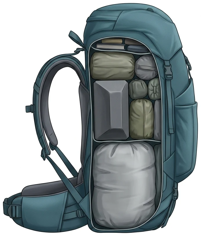 Trekkingrucksack im Längsschnitt, das Tragesystem links: Unten liegt ein großer weicher Packsack, in der Mitte dicht an der Rückenwand ein kompakter schwerer Block, daneben und darüber kleinere Packsäcke.