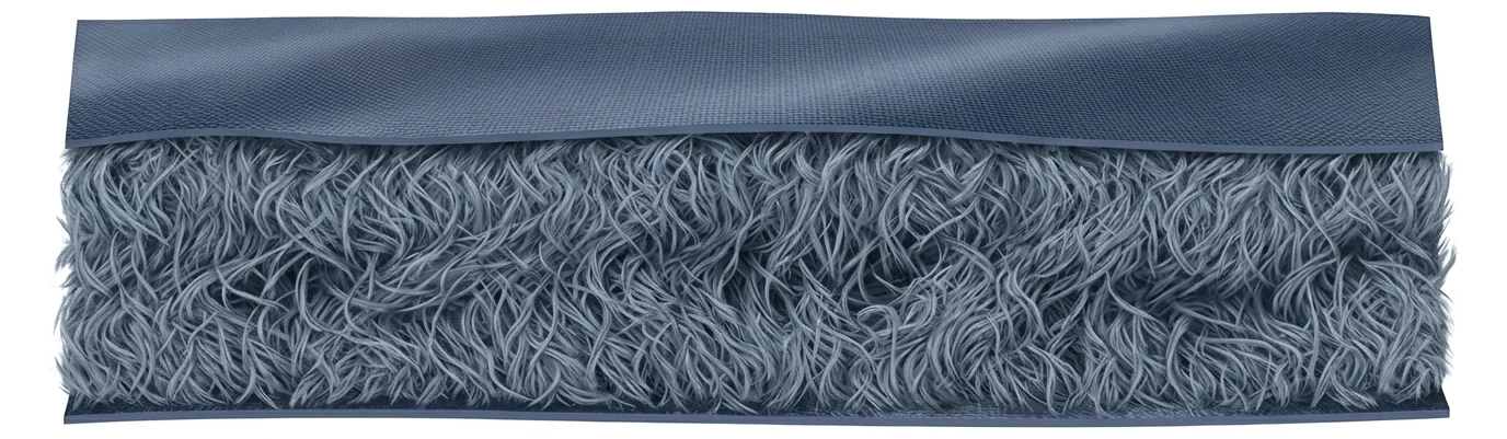 Querschnitt durch eine Softshell: Unter dem elastischen Oberstoff sitzt ein aufgerauter Flor, zwischen dessen Fasern Luftwege offen bleiben. Keine Membran.