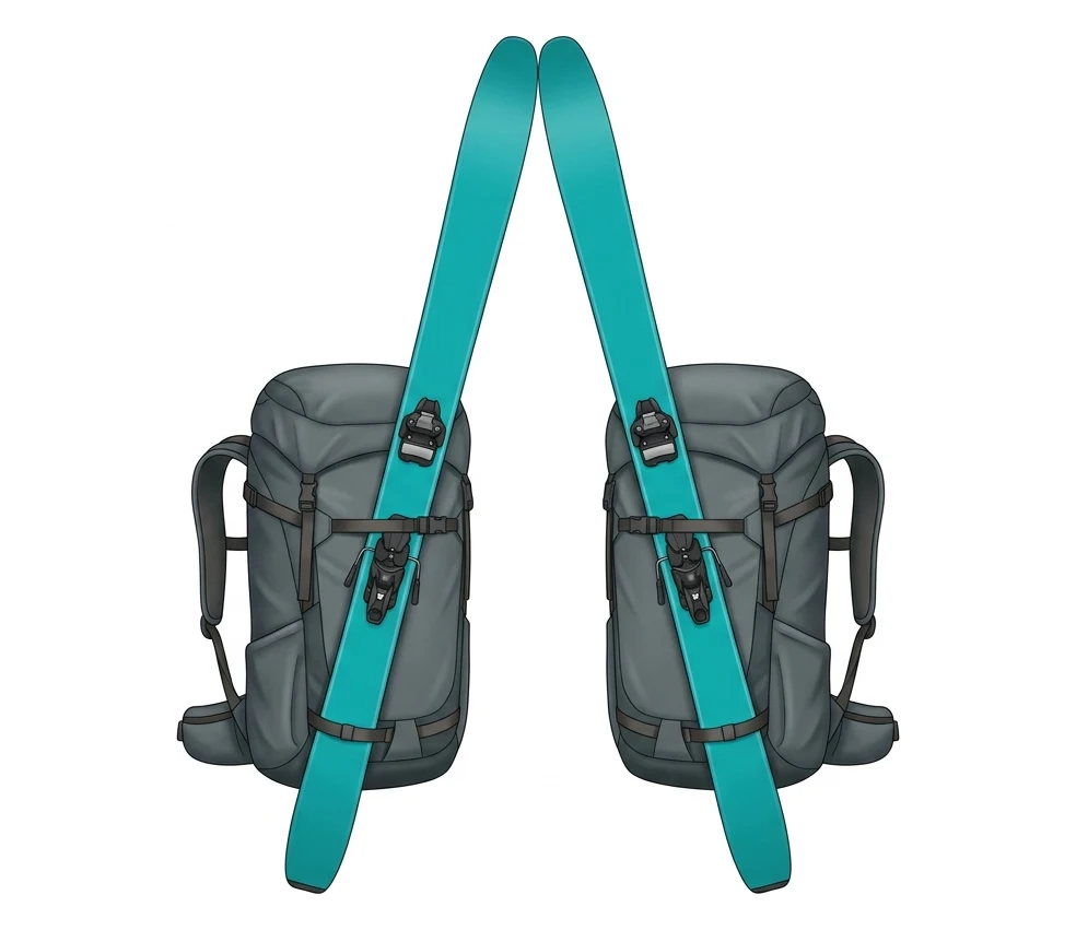Skitourenrucksack von vorn: Die beiden Ski stecken getrennt in je einer Seitentasche und neigen sich oben zueinander, sodass sie die Form eines A bilden.