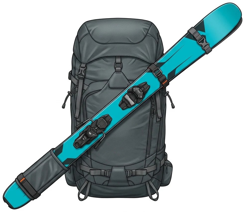 Skitourenrucksack von vorn: Ein zusammengelegtes Skipaar verläuft diagonal über die Vorderseite, unten in einer Schlaufe, oben mit einem Riemen fixiert.