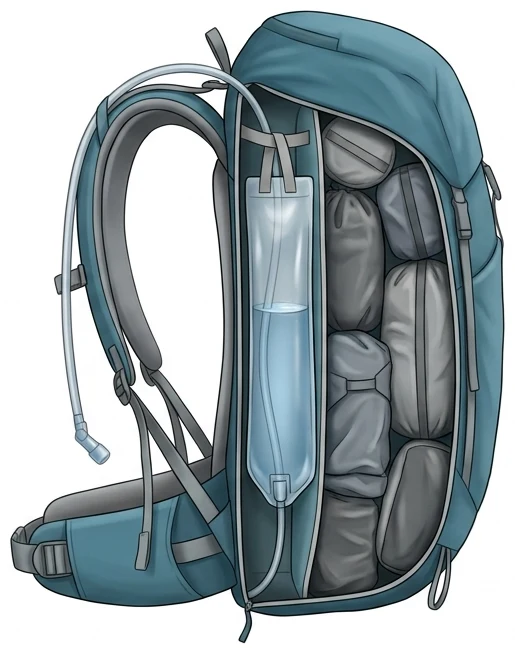 Trekkingrucksack im Längsschnitt mit dem Tragesystem links: Zwischen Rückwand und Hauptfach hängt in einem flachen senkrechten Fach eine durchsichtige Trinkblase, von der ein Schlauch nach oben durch einen Durchlass führt.