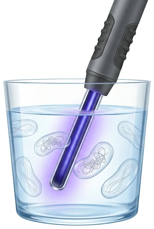 Ein Entkeimungsstab taucht in ein Glas klares Wasser und leuchtet violett; in den Zellen nahe der Lampe ist das Erbgut verknotet, in den entfernteren liegt es noch geordnet.